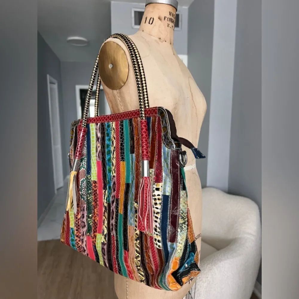 Retro Multicolor Leather Patchwork Handbag with Braided Handles - Picture 8 of 8